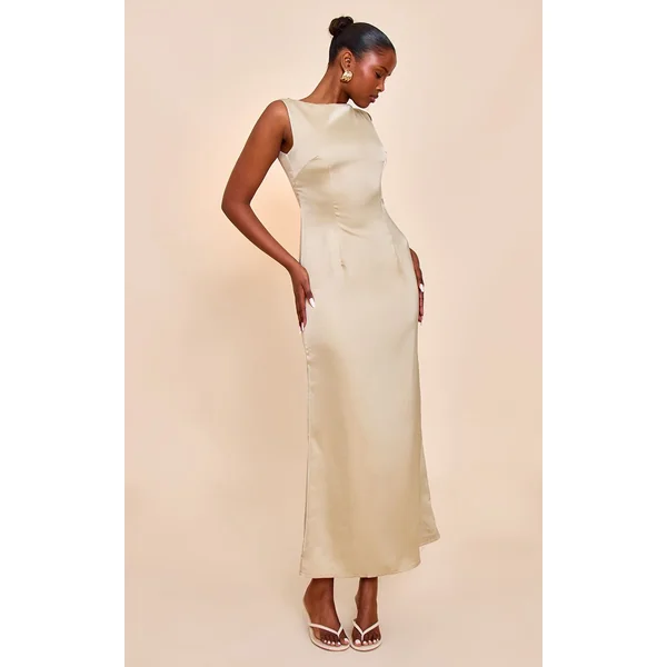 Sauge Robe Longue De Demoiselle D'honneur En Satin Col Bateau