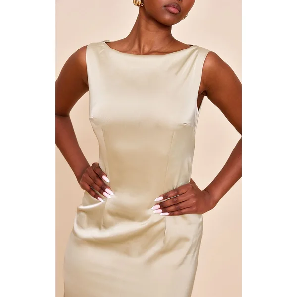 Sauge Robe Longue De Demoiselle D'honneur En Satin Col Bateau