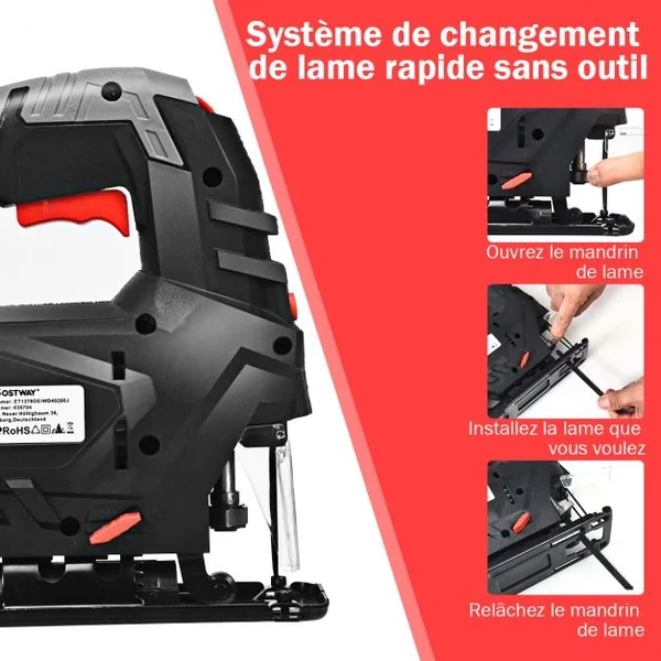 Scie Sauteuse Electique 3000 tr/min 800W 5 Vitesses Variables 4 Réglages Orbitaux Scie Courbe avec 6 Lames