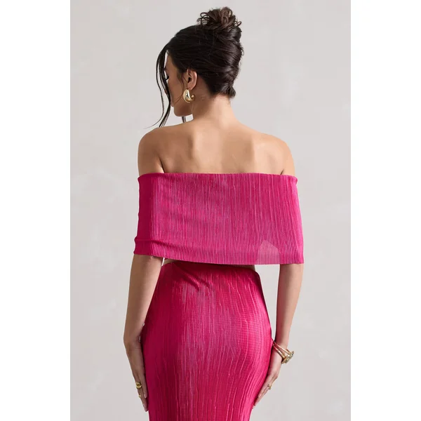 Seara | Crop top bardot torsadé en plissé rose fuchsia