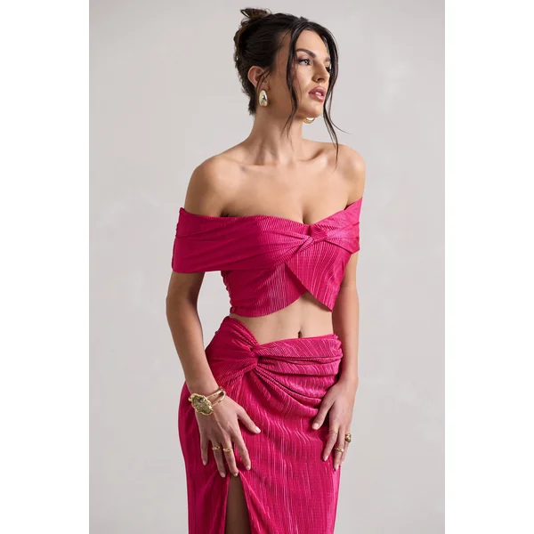 Seara | Crop top bardot torsadé en plissé rose fuchsia