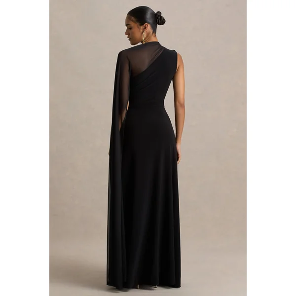 Selena | Robe longue noire à col montant avec découpe et manches cape