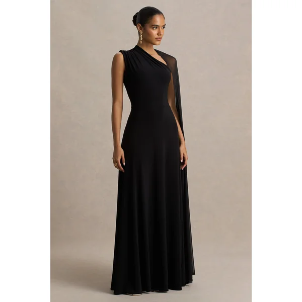 Selena | Robe longue noire à col montant avec découpe et manches cape