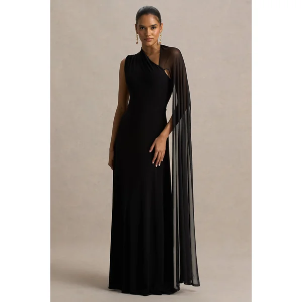 Selena | Robe longue noire à col montant avec découpe et manches cape