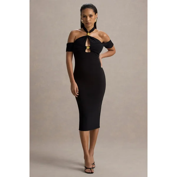 Selvina | Robe Mi-Longue Noire à Découpes et Col Halter
