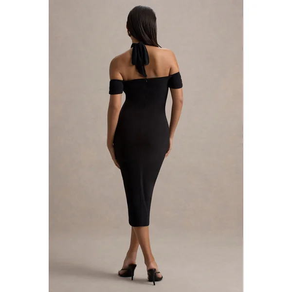 Selvina | Robe Mi-Longue Noire à Découpes et Col Halter
