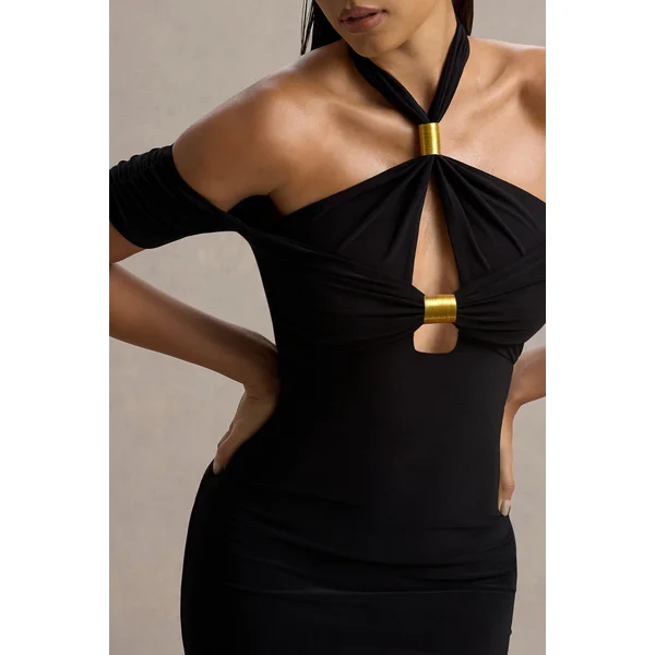Selvina | Robe Mi-Longue Noire à Découpes et Col Halter