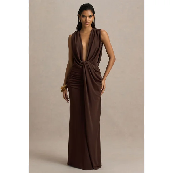 Serafina | Robe longue chocolat à décolleté plongeant extrême avec détails froncés et dos nu
