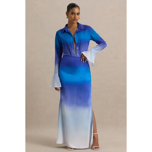 Serita | Jupe longue en satin ombré bleu