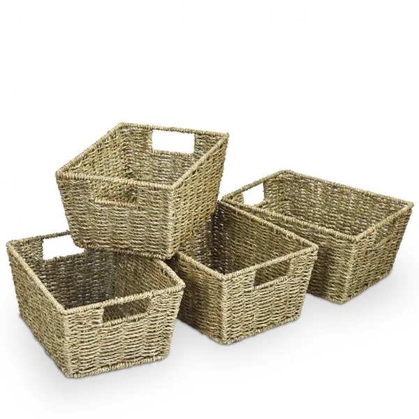Set de 4 Paniers de Rangement en Jonc de Mer avec Poignées 30 x 22 x 15,5cm