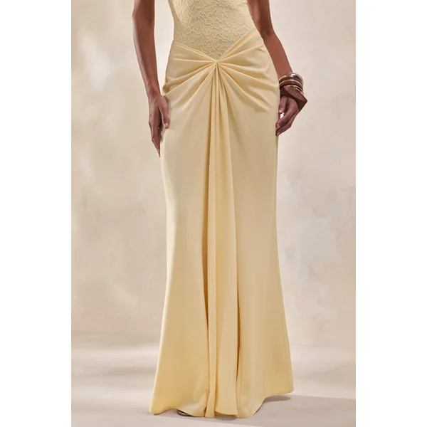 Setaria | Jupe longue en satin jaune citron avec détails froncés et drapé