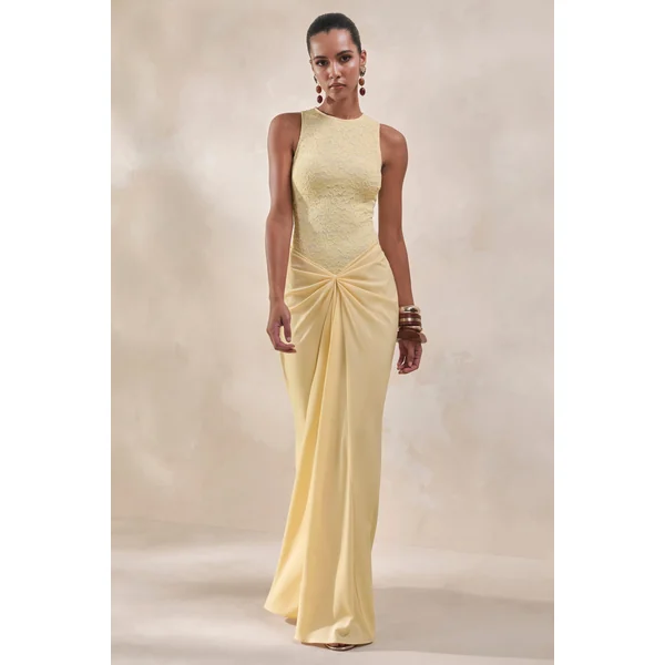 Setaria | Jupe longue en satin jaune citron avec détails froncés et drapé