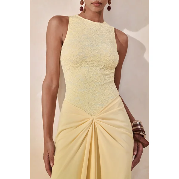 Setaria | Jupe longue en satin jaune citron avec détails froncés et drapé