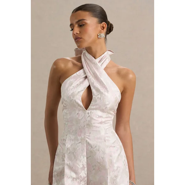 Sharie | Mini-robe en jacquard à imprimé floral crème dos nu avec détail découpé