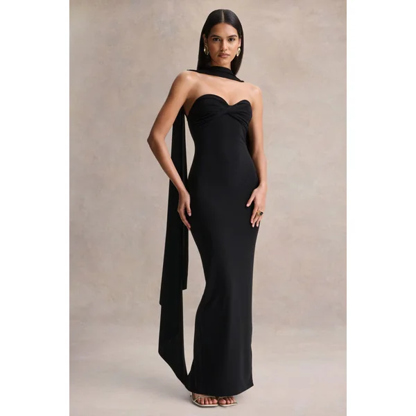 Sheila | Robe longue noire à décolleté bandeau avec détail foulard