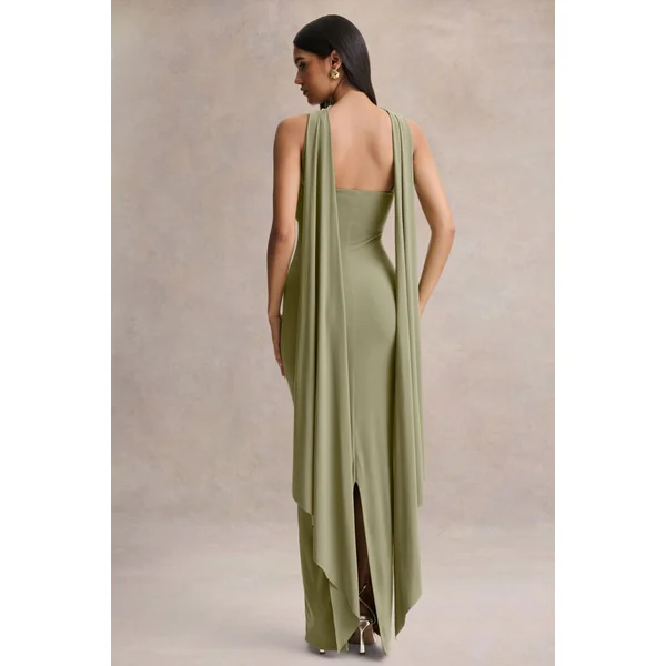 Sheila | Robe longue olive à décolleté bandeau avec détail écharpe