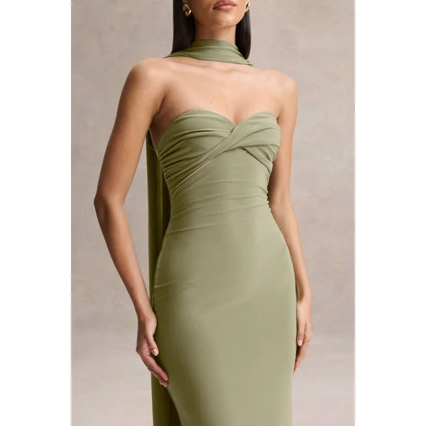 Sheila | Robe longue olive à décolleté bandeau avec détail écharpe