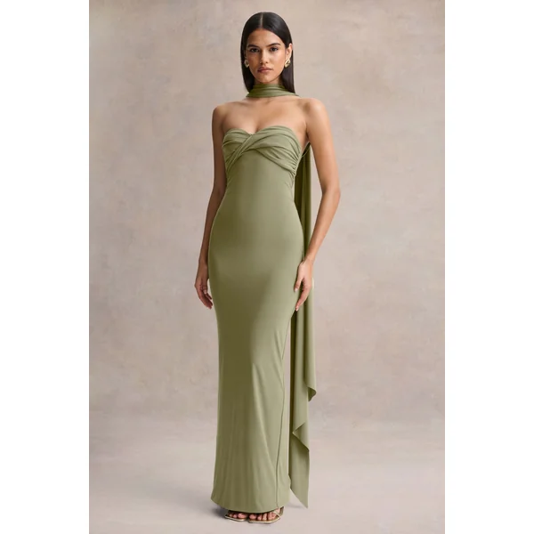 Sheila | Robe longue olive à décolleté bandeau avec détail écharpe