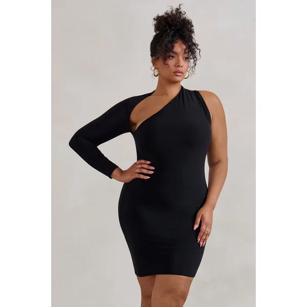 Siren | Mini-robe moulante noire à une épaule unique