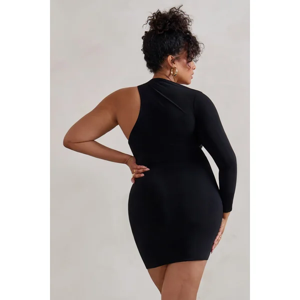 Siren | Mini-robe moulante noire à une épaule unique