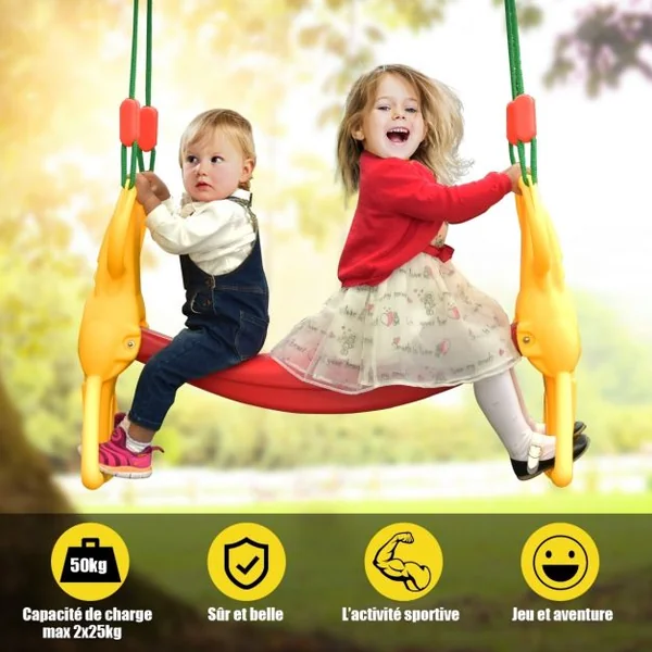 Siège balançoire double pour enfant +3 ans, avec pédales dossiers cordes réglables, Capacité 2 x 25kg, Jaune et rouge