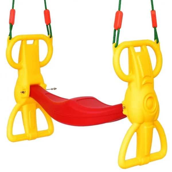 Siège balançoire double pour enfant +3 ans, avec pédales dossiers cordes réglables, Capacité 2 x 25kg, Jaune et rouge