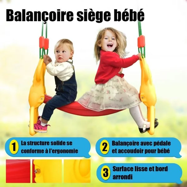 Siège balançoire double pour enfant +3 ans, avec pédales dossiers cordes réglables, Capacité 2 x 25kg, Jaune et rouge