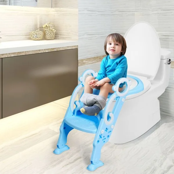 Siège de Toilettes pour Enfants de 1 à 8 Ans Réglable Pliable Siège Rembourré Marche Large Capacité 50 kg Bleu + Blanc