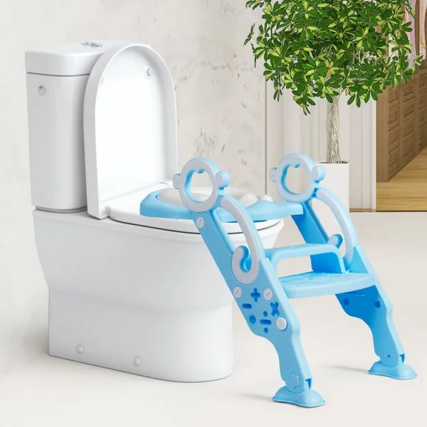 Siège de Toilettes pour Enfants de 1 à 8 Ans Réglable Pliable Siège Rembourré Marche Large Capacité 50 kg Bleu + Blanc