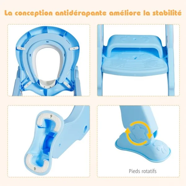 Siège de Toilettes pour Enfants de 1 à 8 Ans Réglable Pliable Siège Rembourré Marche Large Capacité 50 kg Bleu + Blanc