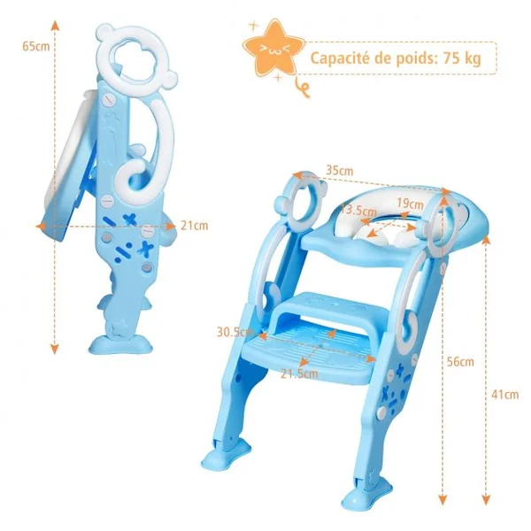 Siège de Toilettes pour Enfants de 1 à 8 Ans Réglable Pliable Siège Rembourré Marche Large Capacité 50 kg Bleu + Blanc