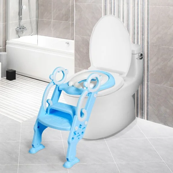 Siège de Toilettes pour Enfants de 1 à 8 Ans Réglable Pliable Siège Rembourré Marche Large Capacité 50 kg Bleu + Blanc