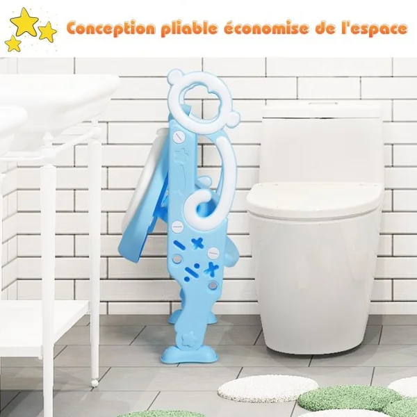 Siège de Toilettes pour Enfants de 1 à 8 Ans Réglable Pliable Siège Rembourré Marche Large Capacité 50 kg Bleu + Blanc