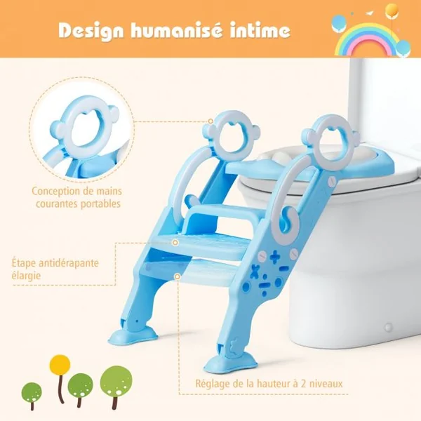Siège de Toilettes pour Enfants de 1 à 8 Ans Réglable Pliable Siège Rembourré Marche Large Capacité 50 kg Bleu + Blanc