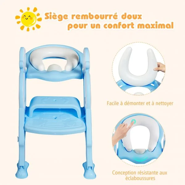 Siège de Toilettes pour Enfants de 1 à 8 Ans Réglable Pliable Siège Rembourré Marche Large Capacité 50 kg Bleu + Blanc