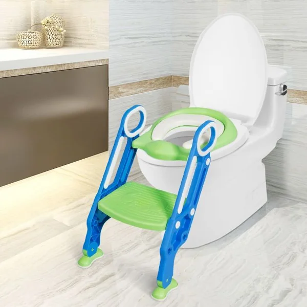 Siège de Toilettes pour Enfants de 2 à 7 Ans Réglable Pliable Siège Rembourré Marche Large Capacité 75 kg Bleu + Vert