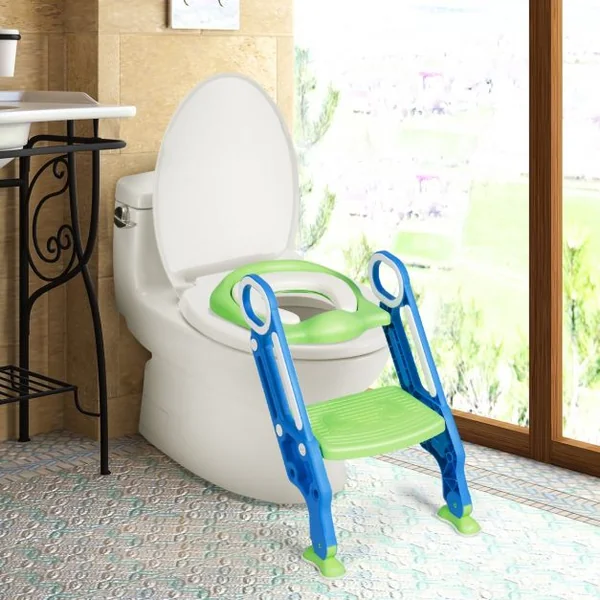 Siège de Toilettes pour Enfants de 2 à 7 Ans Réglable Pliable Siège Rembourré Marche Large Capacité 75 kg Bleu + Vert