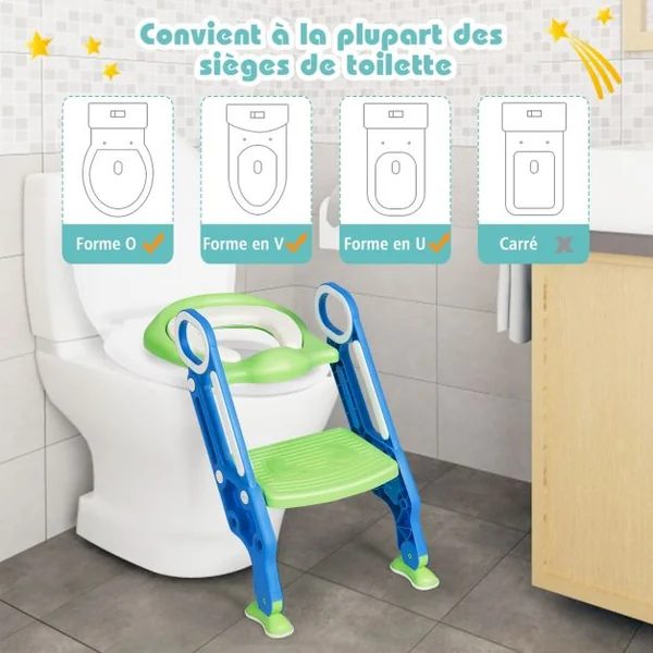 Siège de Toilettes pour Enfants de 2 à 7 Ans Réglable Pliable Siège Rembourré Marche Large Capacité 75 kg Bleu + Vert