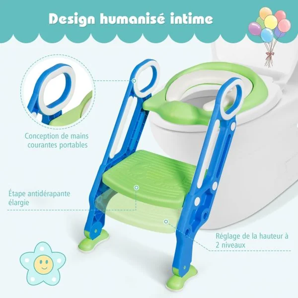Siège de Toilettes pour Enfants de 2 à 7 Ans Réglable Pliable Siège Rembourré Marche Large Capacité 75 kg Bleu + Vert