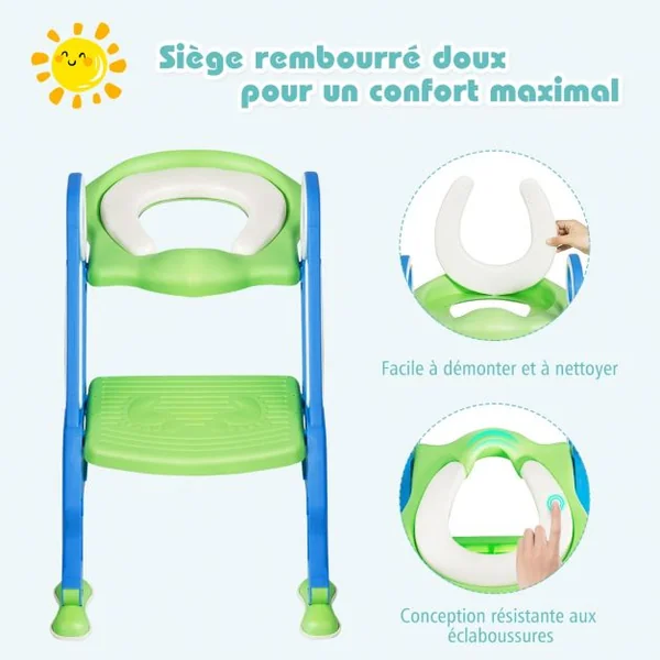 Siège de Toilettes pour Enfants de 2 à 7 Ans Réglable Pliable Siège Rembourré Marche Large Capacité 75 kg Bleu + Vert