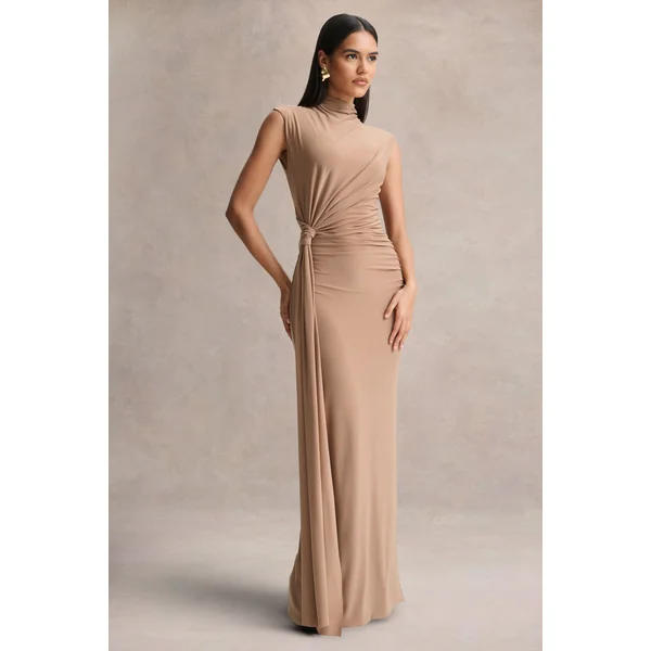 Solene | Robe longue brun à col montant avec effet portefeuille et drapé