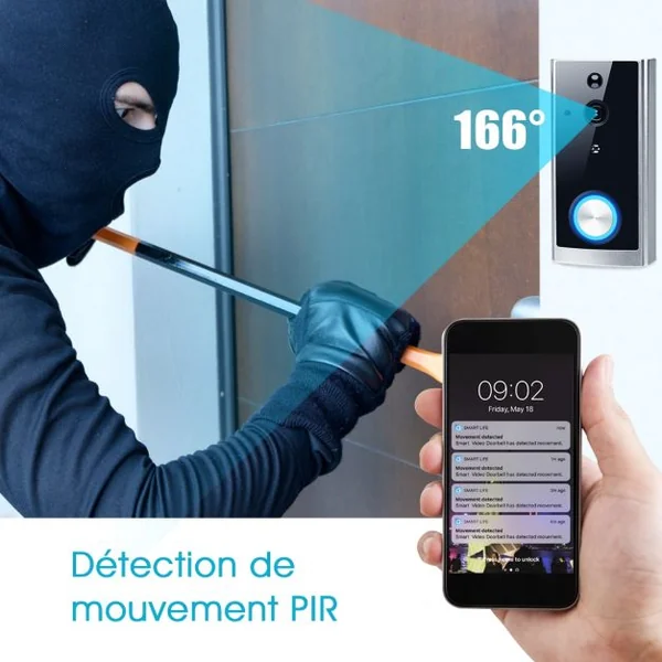 Sonnette et Carillon Vidéo sans Fil Camera de Sécurité 1080P Wifi Audio Angle Large 166° Vision Nocturne Mouvement PIR