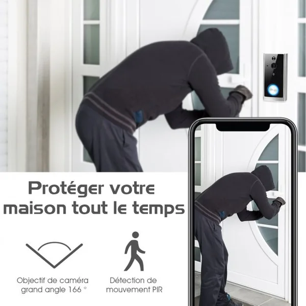 Sonnette et Carillon Vidéo sans Fil Camera de Sécurité 1080P Wifi Audio Angle Large 166° Vision Nocturne Mouvement PIR