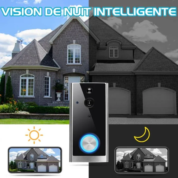 Sonnette et Carillon Vidéo sans Fil Camera de Sécurité 1080P Wifi Audio Angle Large 166° Vision Nocturne Mouvement PIR