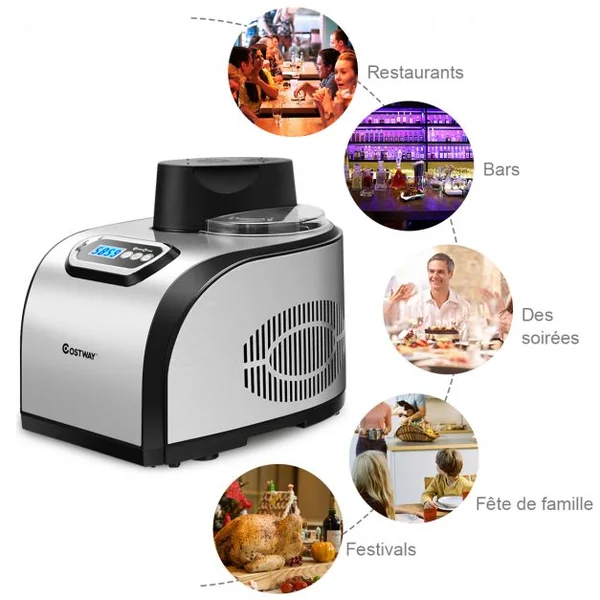 Sorbetière Machine à Glace 1,5 L en Acier Inoxydable avec Affichage LED