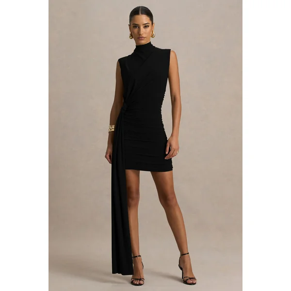 Sorenna | Mini-robe noire à col montant avec effet portefeuille et ceinture fluide