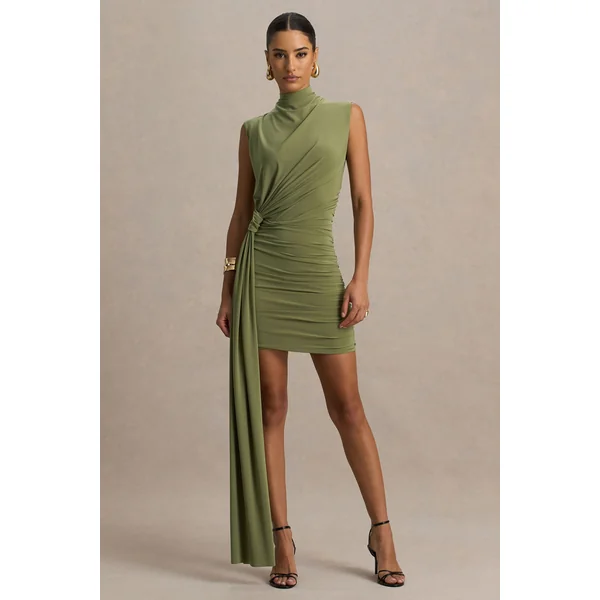 Sorenna | Mini-robe olive à col montant avec effet portefeuille et ceinture fluide