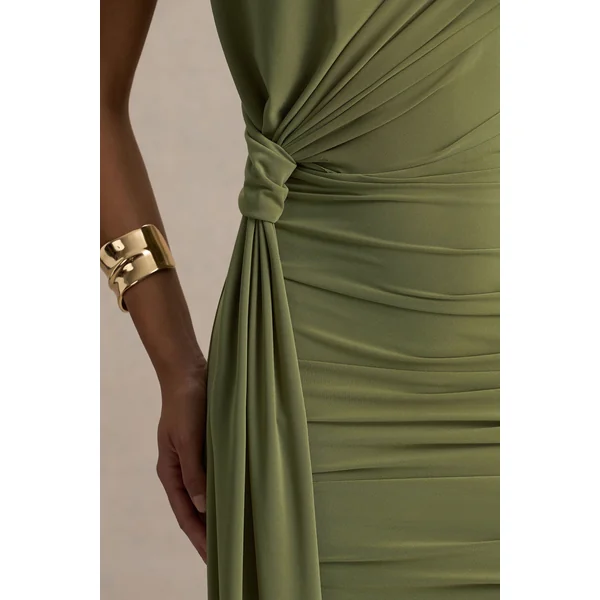 Sorenna | Mini-robe olive à col montant avec effet portefeuille et ceinture fluide