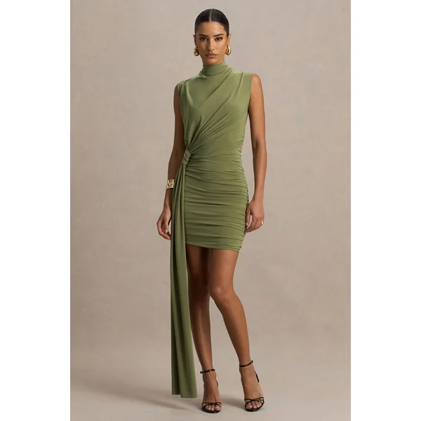 Sorenna | Mini-robe olive à col montant avec effet portefeuille et ceinture fluide