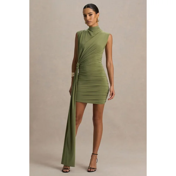 Sorenna | Mini-robe olive à col montant avec effet portefeuille et ceinture fluide
